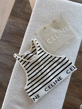 Celine Black & Ivory Striped Logo Knit Crop Tank